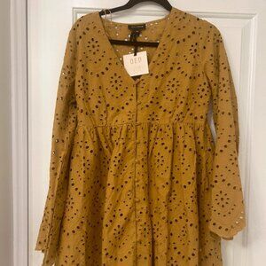 QED London Brown Retro Vintage Look Babydoll Flared Long Sleeve Dress NWT